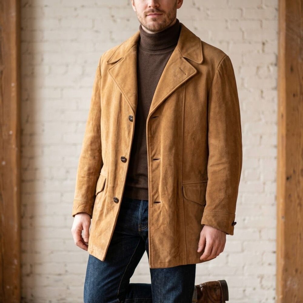 VTG 70s Van Heusen Tan Suede Jacket Coat Removable Fur Size 44